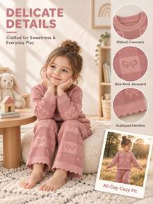 SHEIN Baby Girl Sweet Bow Jacquard Knit 2 Pieces Set, Lace Cuff Sweater + Loose Long Pants Casual Outfit - Multicolor - View 1