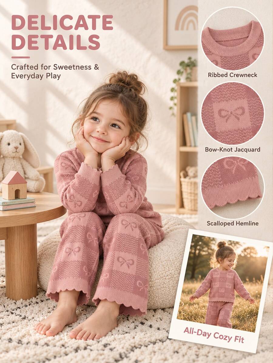 SHEIN Baby Girl Sweet Bow Jacquard Knit 2 Pieces Set, Lace Cuff Sweater + Loose Long Pants Casual Outfit - Multicolor - View 1