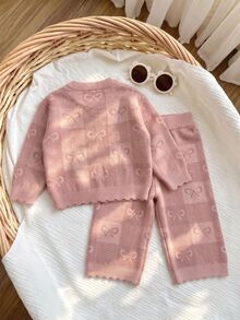 SHEIN Baby Girl Sweet Bow Jacquard Knit 2 Pieces Set, Lace Cuff Sweater + Loose Long Pants Casual Outfit - Multicolor - View 2