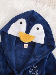 Cozy Pixies 男嬰兒童休閒舒適企鵝刺繡連帽長袖毛絨家居睡袍 秋冬款 - 寶藍色 - 查看 3
