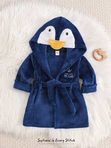 Cozy Pixies 男嬰兒童休閒舒適企鵝刺繡連帽長袖毛絨家居睡袍 秋冬款 - 寶藍色 - 查看 8