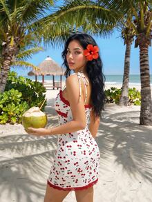 SHEIN ICON Vestido mini con estampado de cerezas y encaje de color contrastante, estilo sexy de vacaciones - Rojo cereza - Ver 2