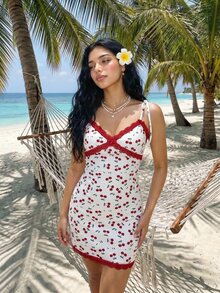 SHEIN ICON Vestido mini con estampado de cerezas y encaje de color contrastante, estilo sexy de vacaciones - Rojo cereza - Ver 4