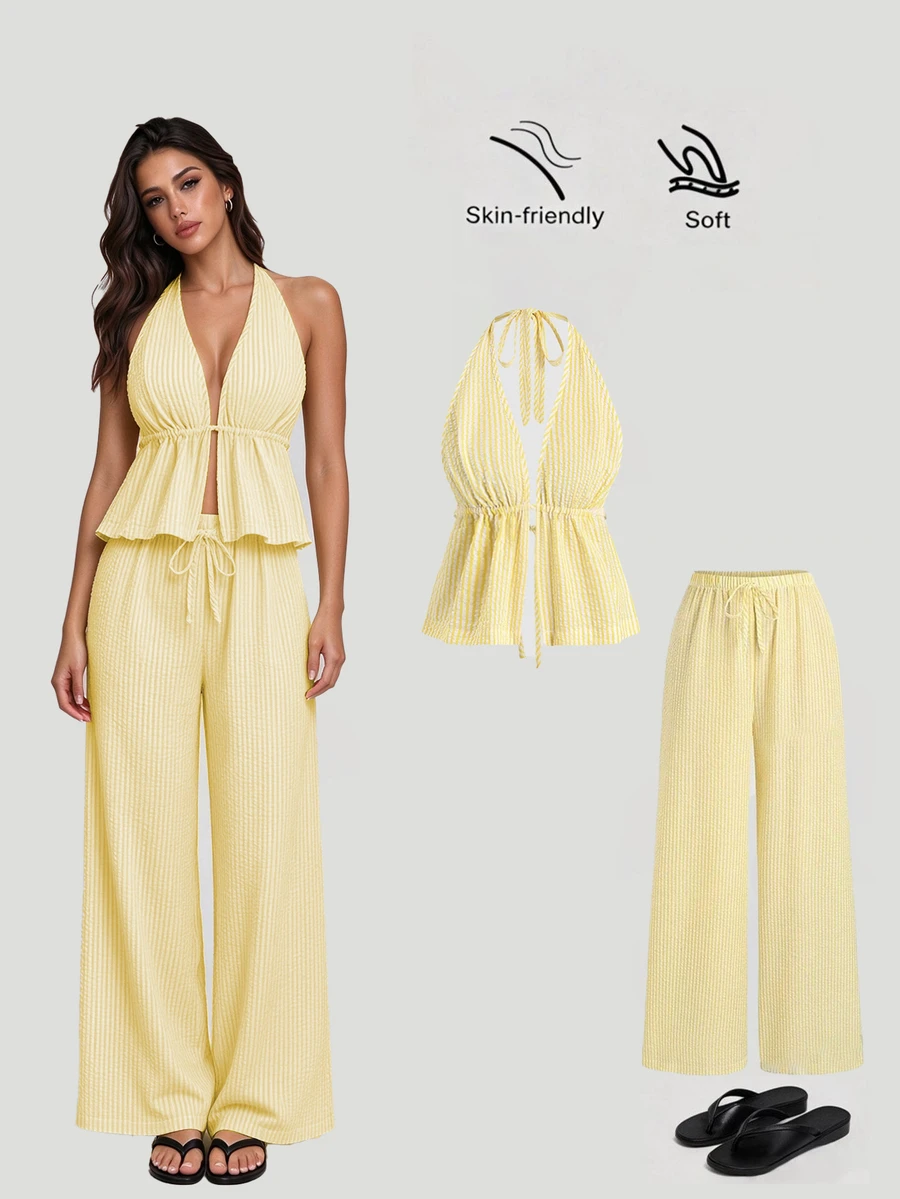 Sweetra Women's New Spring/Summer Textured Strappy Cropped Halter Top And Wide Leg Pants Suit, Suitable For Travel And Holiday - Multicolor - View 1