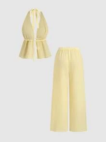 Sweetra Women's New Spring/Summer Textured Strappy Cropped Halter Top And Wide Leg Pants Suit, Suitable For Travel And Holiday - Multicolor - View 2
