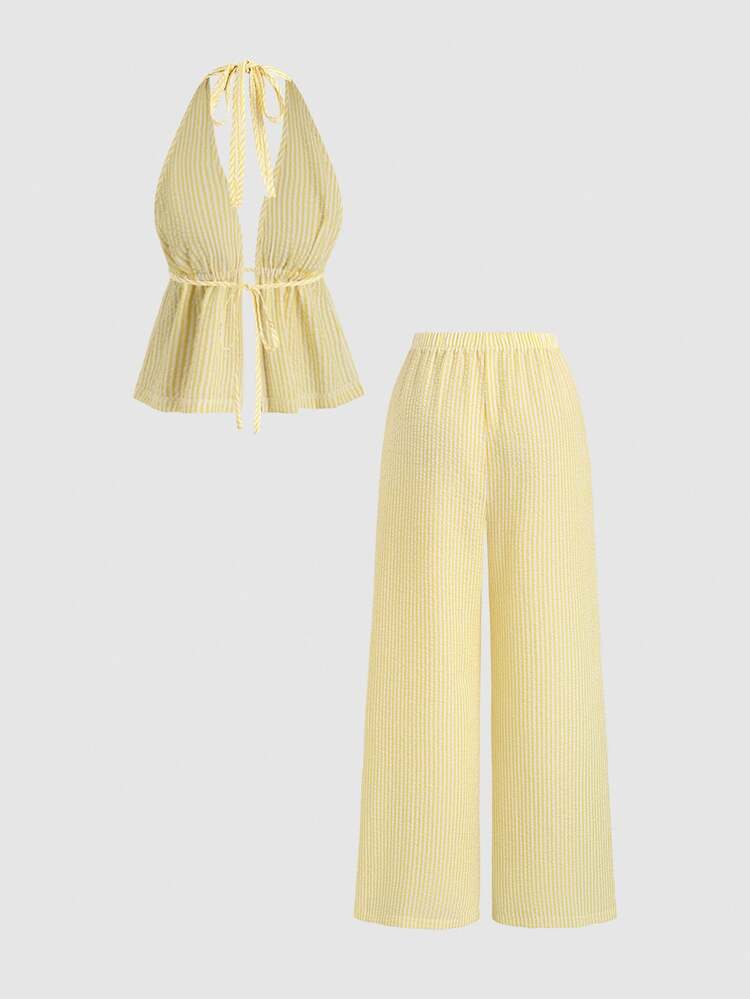 Sweetra Conjunto de top corto de halter con textura y tirantes, y pantalones de pierna ancha, ideal para viajes y vacaciones - Multicolor - Añade 2
