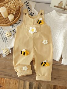 SHEIN Playful Pals 0-3歲女嬰春秋款3D毛絨花朵與小蜜蜂燈芯絨連身褲，胸前口袋裝飾，適合日常穿著，為寶寶衣櫥增添更多選擇 - 黃色 - 查看 1