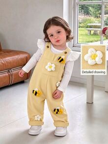SHEIN Playful Pals 0-3歲女嬰春秋款3D毛絨花朵與小蜜蜂燈芯絨連身褲，胸前口袋裝飾，適合日常穿著，為寶寶衣櫥增添更多選擇 - 黃色 - 查看 2