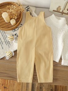 SHEIN Playful Pals 0-3歲女嬰春秋款3D毛絨花朵與小蜜蜂燈芯絨連身褲，胸前口袋裝飾，適合日常穿著，為寶寶衣櫥增添更多選擇 - 黃色 - 查看 3