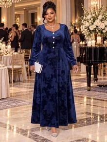 Fleurora Plus Size French Elegant Jacquard Button Long Sleeve Dress Fall - Navy Blue - View 5