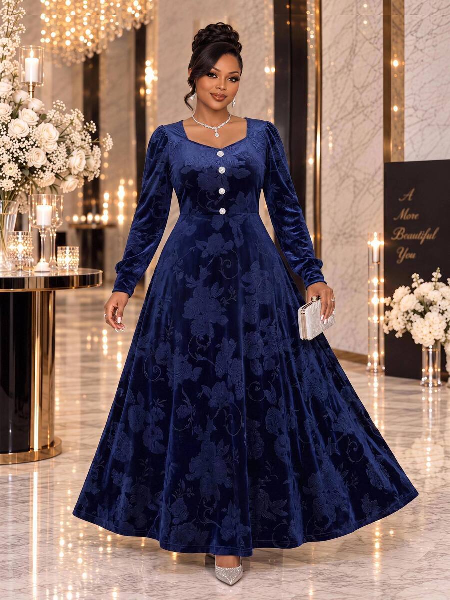 Fleurora Plus Size French Elegant Jacquard Button Long Sleeve Dress Fall - Navy Blue - View 1