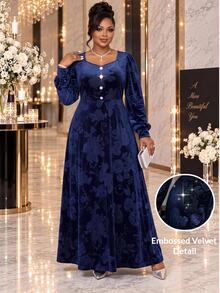 Fleurora Plus Size French Elegant Jacquard Button Long Sleeve Dress Fall - Navy Blue - View 1