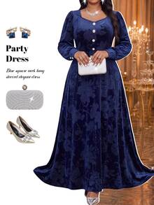 Fleurora Plus Size French Elegant Jacquard Button Long Sleeve Dress Fall - Navy Blue - View 6