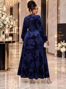 Fleurora Plus Size French Elegant Jacquard Button Long Sleeve Dress Fall - Navy Blue - View 2