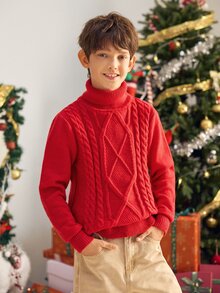 SHEIN 聖誕紅色針織毛衣 童裝青少年男孩休閒百搭舒適高領厚針織毛衣，適合秋季、學校、家庭聚會、度假、派對、秋季穿搭、冬季穿搭、男孩童裝 - 紅色 - 查看 3