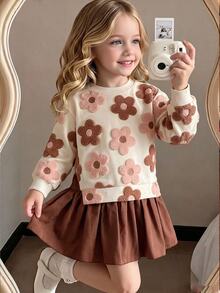 4-7 Years Old Girls Cute Fairy Mermaid Faux Fur Flower Pattern 2-In-1 Long Sleeve Dress Solid Color Hem Preppy Style Baby Shower Birthday Brown - Multicolor - View 1