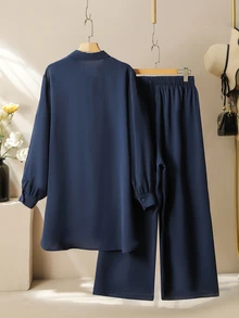 Lacomfia Women's Handmade Rhinestone Embellished Long Sleeve Shirt And Wide Leg Pants Set, Casual Comfortable Plus Size Fall - Navy Blue - View 2