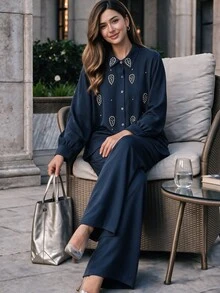 Lacomfia Women's Handmade Rhinestone Embellished Long Sleeve Shirt And Wide Leg Pants Set, Casual Comfortable Plus Size Fall - Navy Blue - View 1