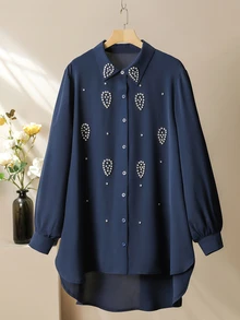 Lacomfia Women's Handmade Rhinestone Embellished Long Sleeve Shirt And Wide Leg Pants Set, Casual Comfortable Plus Size Fall - Navy Blue - View 7