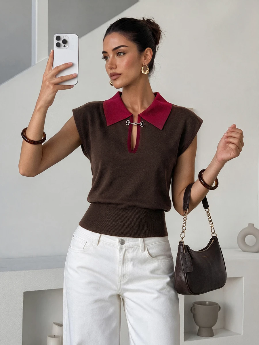Lavishia Vintage Elegant Metal Button Knitted Vest - Rust Brown - View 1