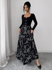 Elenzga Women's Spring And Autumn Grey Square Neck Pearl Button Embellished Belt Slimming Crinkle A-Line Long Dress Party Garden Casual Elegant - Multicolor - View 5