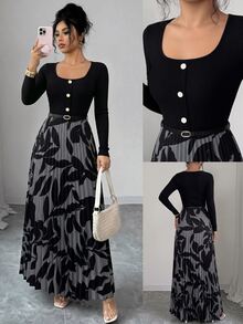 Elenzga Women's Spring And Autumn Grey Square Neck Pearl Button Embellished Belt Slimming Crinkle A-Line Long Dress Party Garden Casual Elegant - Multicolor - View 1