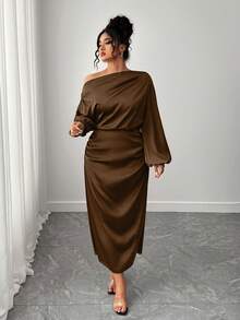 SHEIN Elenzya Plus Size Women Satin Asymmetric Ruffle Collar Pleated Waist Slim A-Line Dress Fall - Coffee Brown - View 6