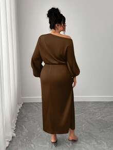 SHEIN Elenzya Plus Size Women Satin Asymmetric Ruffle Collar Pleated Waist Slim A-Line Dress Fall - Coffee Brown - View 2