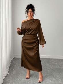 SHEIN Elenzya Plus Size Women Satin Asymmetric Ruffle Collar Pleated Waist Slim A-Line Dress Fall - Coffee Brown - View 7