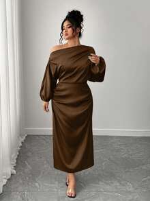 SHEIN Elenzya Plus Size Women Satin Asymmetric Ruffle Collar Pleated Waist Slim A-Line Dress Fall - Coffee Brown - View 8