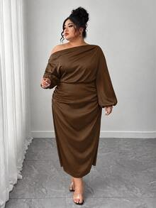 SHEIN Elenzya Plus Size Women Satin Asymmetric Ruffle Collar Pleated Waist Slim A-Line Dress Fall - Coffee Brown - View 3