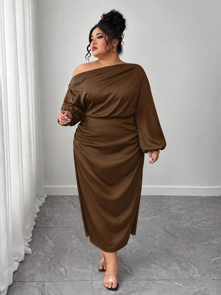 SHEIN Elenzya Plus Size Women Satin Asymmetric Ruffle Collar Pleated Waist Slim A-Line Dress Fall - Coffee Brown - View 3