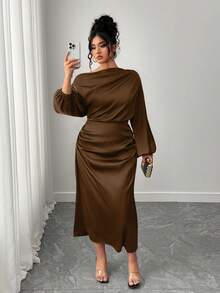 SHEIN Elenzya Plus Size Women Satin Asymmetric Ruffle Collar Pleated Waist Slim A-Line Dress Fall - Coffee Brown - View 1