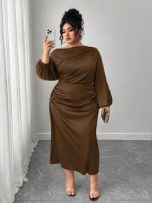 SHEIN Elenzya Plus Size Women Satin Asymmetric Ruffle Collar Pleated Waist Slim A-Line Dress Fall - Coffee Brown - View 4