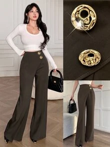 Modelyn 女款春秋冬季復古高腰假兩件式寬腿西裝褲，斜疊層設計，金色鈕扣裝飾，垂墜顯瘦通勤長褲 - 咖啡棕 - 查看 7