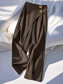 Modelyn 女款春秋冬季復古高腰假兩件式寬腿西裝褲，斜疊層設計，金色鈕扣裝飾，垂墜顯瘦通勤長褲 - 咖啡棕 - 查看 5