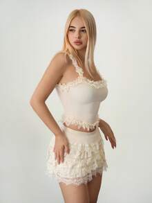 Sweetina Women Knitted Lace Ruffle Decor Camisole & Mini Skirt Set, Sexy, Alluring, Back To School Season - Apricot - View 4