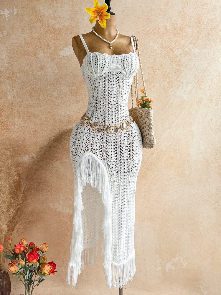 Soleia Elegant Tropical Matching Faux Pearl Shell Cup Fitted Slit Hem Patchwork Tassel Long Sweater Dress Party Beach Date Holiday Vacation White Fall - White - View 3