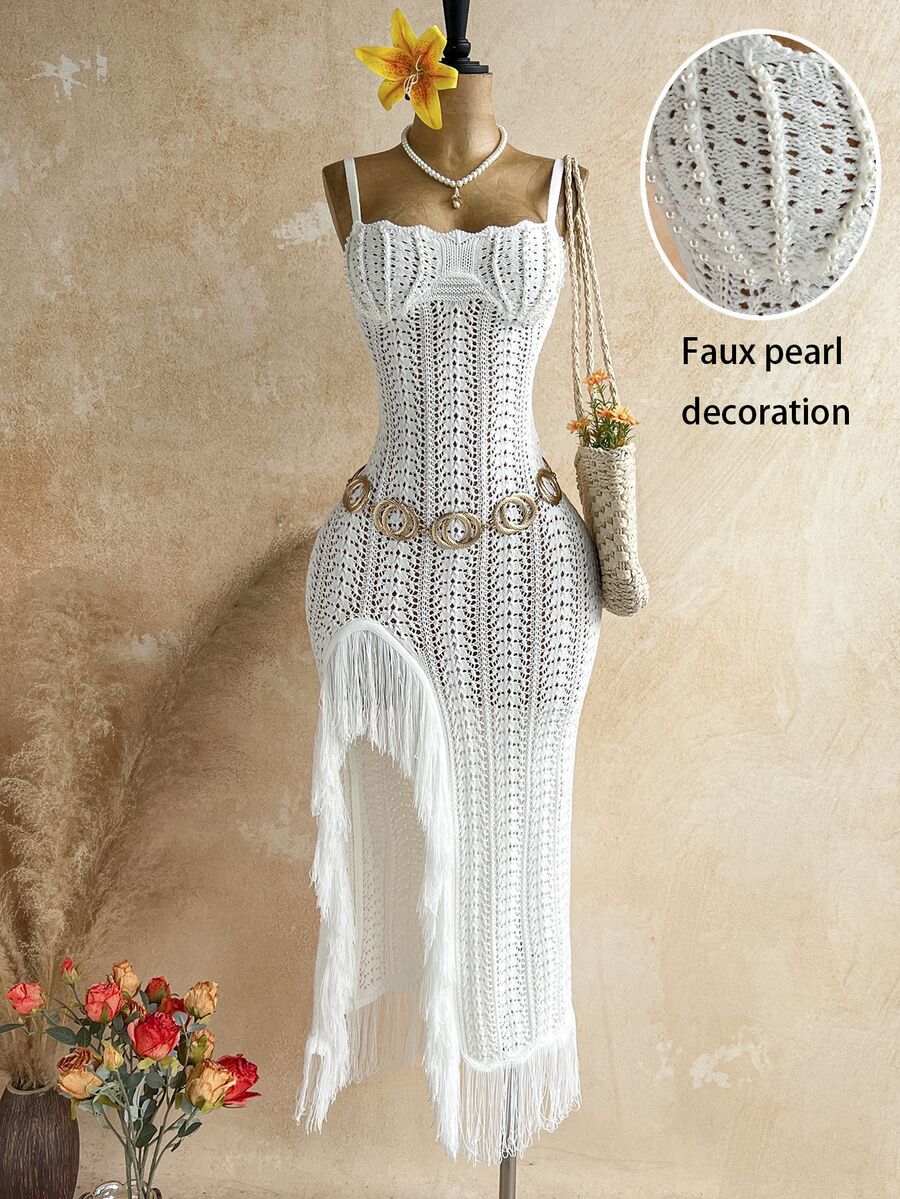 Soleia Elegant Tropical Matching Faux Pearl Shell Cup Fitted Slit Hem Patchwork Tassel Long Sweater Dress Party Beach Date Holiday Vacation White Fall - White - View 1