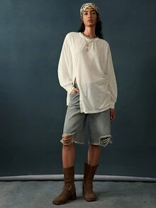 Bohemela Women's Autumn Casual Solid Color Split Hem T-Shirt - White - View 6