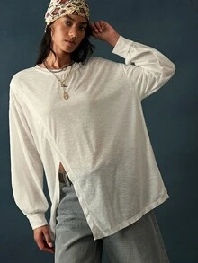 Bohemela Women's Autumn Casual Solid Color Split Hem T-Shirt - White - View 2
