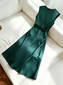 Franclia Women's Elegant Commuter V-Neck Bodycon Slim Fit Business Satin Stretch Glossy Metal Button Dress, Spring/Summer Inner Layer Dress - Dark Green - View 2