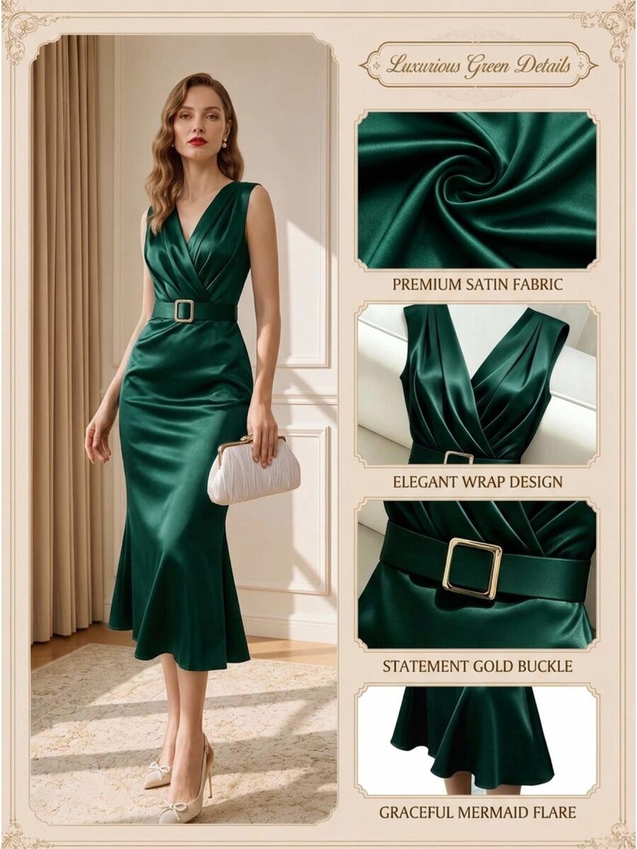 Franclia Women's Elegant Commuter V-Neck Bodycon Slim Fit Business Satin Stretch Glossy Metal Button Dress, Spring/Summer Inner Layer Dress - Dark Green - View 1