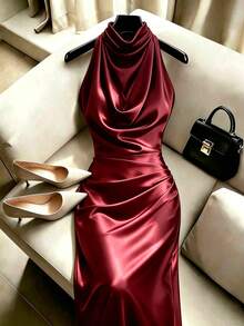 Suri Mira Elegant Black Sleeveless Dress With Small Stand Collar And Slight Cowl Neckline, Slim Fit Mermaid Hem, Ruched Waist, Long Dress For Women, 4-Season Black Evening Gown For Business Casual Party Wear - Burgundy - View 2