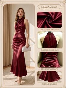 Suri Mira Elegant Black Sleeveless Dress With Small Stand Collar And Slight Cowl Neckline, Slim Fit Mermaid Hem, Ruched Waist, Long Dress For Women, 4-Season Black Evening Gown For Business Casual Party Wear - Burgundy - View 1