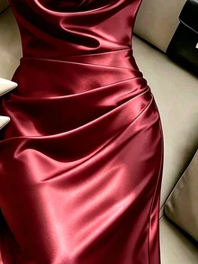 Suri Mira Elegant Black Sleeveless Dress With Small Stand Collar And Slight Cowl Neckline, Slim Fit Mermaid Hem, Ruched Waist, Long Dress For Women, 4-Season Black Evening Gown For Business Casual Party Wear - Burgundy - View 5