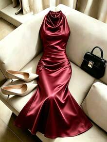 Suri Mira Elegant Black Sleeveless Dress With Small Stand Collar And Slight Cowl Neckline, Slim Fit Mermaid Hem, Ruched Waist, Long Dress For Women, 4-Season Black Evening Gown For Business Casual Party Wear - Burgundy - View 6
