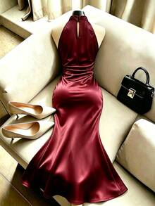 Suri Mira Elegant Black Sleeveless Dress With Small Stand Collar And Slight Cowl Neckline, Slim Fit Mermaid Hem, Ruched Waist, Long Dress For Women, 4-Season Black Evening Gown For Business Casual Party Wear - Burgundy - View 3