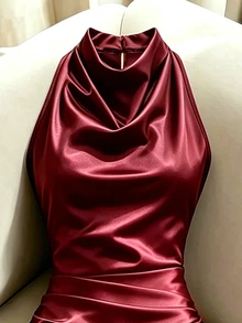 Suri Mira Elegant Black Sleeveless Dress With Small Stand Collar And Slight Cowl Neckline, Slim Fit Mermaid Hem, Ruched Waist, Long Dress For Women, 4-Season Black Evening Gown For Business Casual Party Wear - Burgundy - View 4