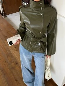 Aloruh 女款秋冬服飾 橄欖綠風衣 PU夾克保暖大衣 - 橄欖綠 - 查看 4